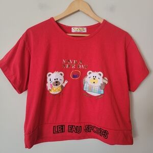 Vintage 80s Women's Single Stitch Graphic Embroidered T-shirt Kawaii Cropped Red